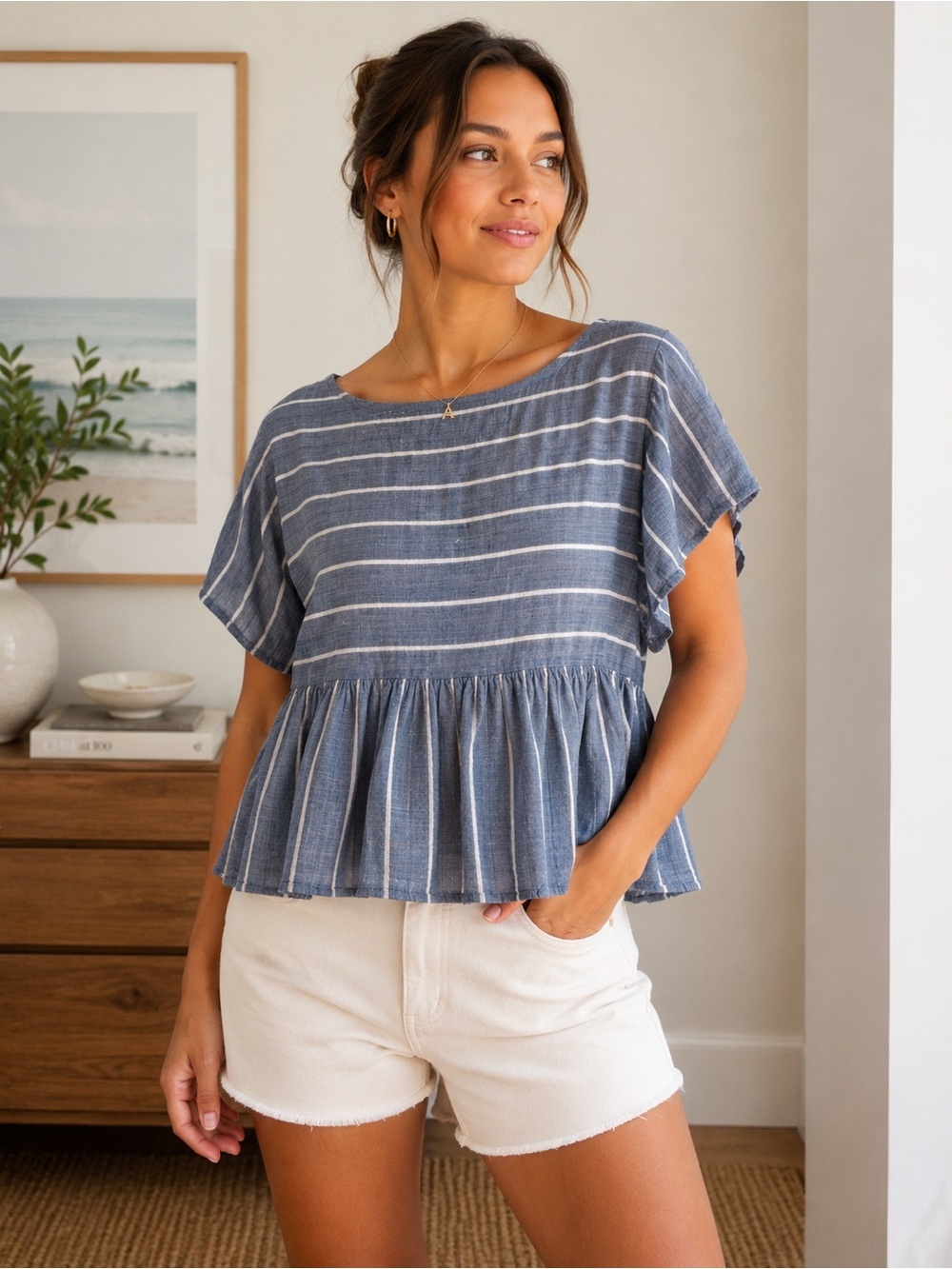 American Eagle Women’s Blue & White Striped Babydoll Peplum Top. Size: Medium